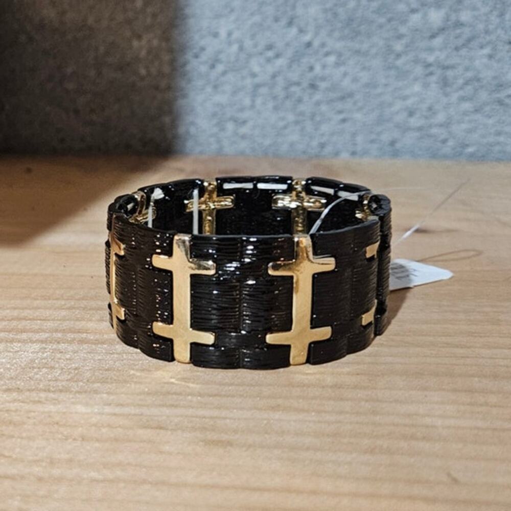 🪄 G.Comet Black & Gold-Tone Link Bracelet w Cross-Shaped Design ~ Goth Emo Punk